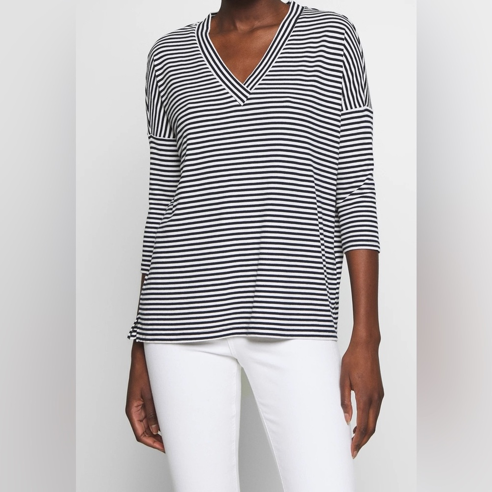 LOFT Black and White V Neck Striped Long Sleeve Top